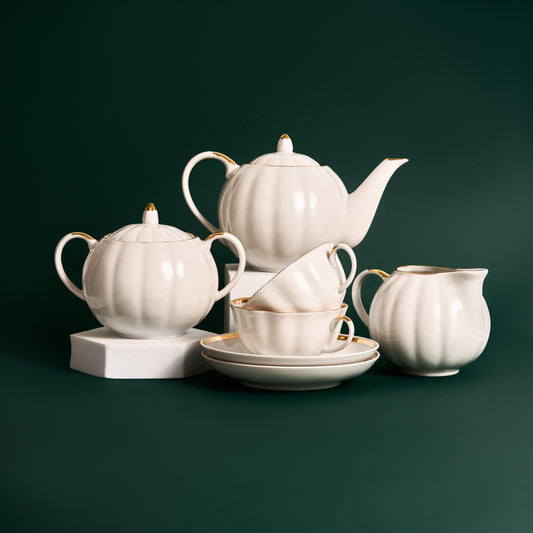 Vintage Dulevo Tea Set — White Porcelain with Gold Trim