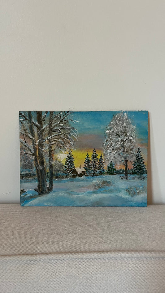Oil painting "Derevnya zimoy"